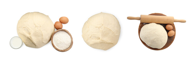 Dough and ingredients isolated on white, collage. Top view