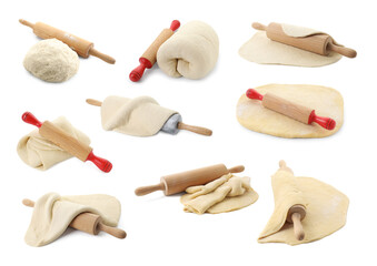 Different types of dough and rolling pins isolated on white, set