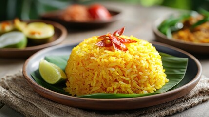 Aromatic yellow rice dish served on banana leaf