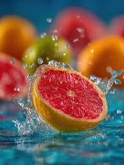 Sokowita połówka grejpfruta w kroplach wody