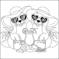 Cute Seals on Tropical Vacation Summer Beach Coloring Page with Sunglasses and Cocktail