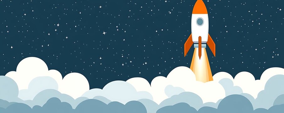 Rocket launch, night sky, clouds. Startup concept