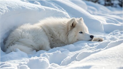 Obraz premium Fluffy white Samoyed lying in fresh snow