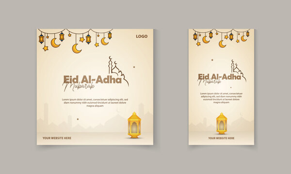Eid al Adha mubarak social media post, story template with Islamic element, masjid, lamp vector