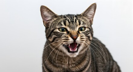 Cat Growling with Teeth Bared Against White Background