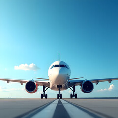 Frontal view of a modern passenger airplane on runway under a bright blue sky, symbolizing travel, aviation, and air transport.