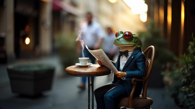 Anthropomorphic frog in suit reading newspaper at caf&eacute; with hot coffee. Concept of surreal humor, animal humanization, and whimsical lifestyle