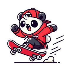 Cartoon Panda Skateboarding Wearing Red Hoodie and Cap on White Background