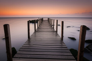 Obraz premium Tranquil Sunset Pier Extending into Serene Ocean Waters