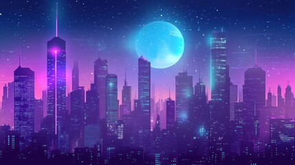 Vibrant Cityscape Under a Starry Night with a Glowing Moon Illustration