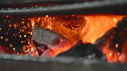 Fiery glowing embers hot charcoal briquettes barbecue grill cooking fire sparks flames intense heat outdoor grilling summer picnic food preparation. 4k vidios - Powered by Adobe