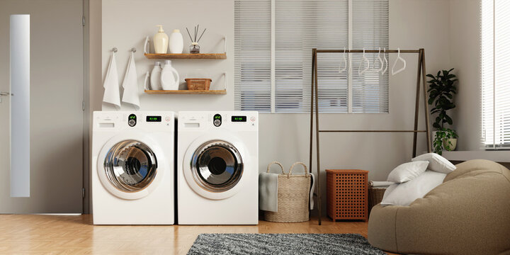 Elegant laundry room design featuring modern appliances and decor. 3D render illustration