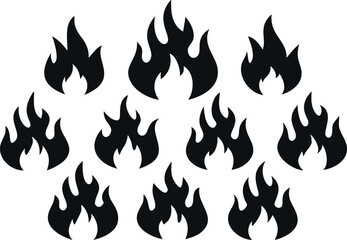 A graphic design featuring a scattered pattern of stylized fire icons against a plain white background.