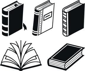 A set of black and white, stylized icons depicting various books and a quill feather.