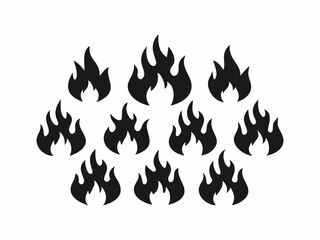 A graphic design featuring a scattered pattern of stylized fire icons against a plain white background.