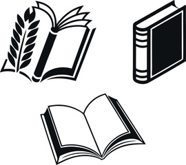 A set of black and white, stylized icons depicting various books and a quill feather.