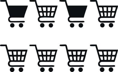 A set of nine simple, black and white shopping cart icons, suitable for web design, apps, or marketing materials.