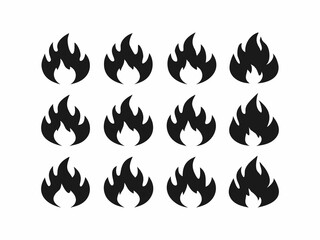 A graphic design featuring a scattered pattern of stylized fire icons against a plain white background.