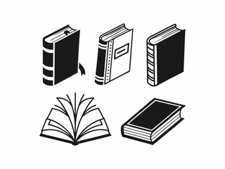 A set of black and white, stylized icons depicting various books and a quill feather.