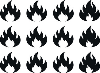 A graphic design featuring a scattered pattern of stylized fire icons against a plain white background.