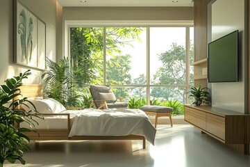 Fototapeta premium Sunlit Modern Bedroom with Large Windows Overlooking Lush Greenery and Stylish Interior Decor Featuring Wooden Furniture and Indoor Plants