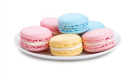 Colorful french macarons on white plate for dessert or pastry presentation and bakery photography