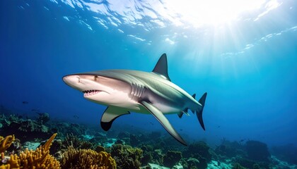 Fototapeta premium Shark swimming gracefully over a vibrant coral reef illuminated by sunlight in a tropical marine environment symbolizing ocean biodiversity and ecosystem