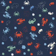Set of illustrations crab-shaped. Crab, cancer, seahorse shell. Set of hand-drawn pictures on a marine theme for a pattern, wallpaper, cover, pictures, stickers, icons.