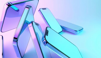 Floating translucent smartphones with reflective surfaces symbolizing modern communication, connectivity, and digital lifestyle aesthetics