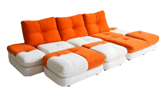 Modular sofa in orange and white, featuring button tufting and various seating components