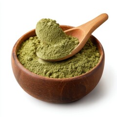 Wooden bowl of matcha green tea powder