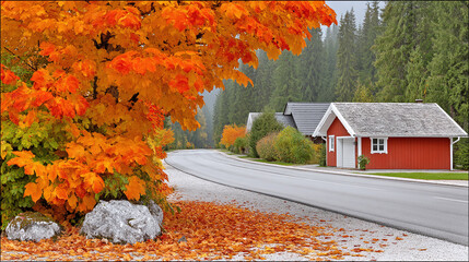 Obraz premium Autumnal road scene Vibrant orange maple leaves frame a tranquil country road winding past charming houses nestled in a lush forest. Perfect for fall travel, nature, and seasonal themes.
