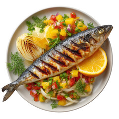 Grilled Mackerel with Citrus Salsa and Roasted Fennel on a White Plate