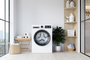 Contemporary laundry space equipped with a modern washing machine and stylish accessories. 3D...