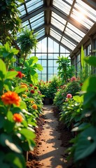 A lush green garden greenhouse brimming with vibrant plants and flowers, sunlight streaming through the glass panels, creating a perfect growing environment ,  horticulture,  vibrant