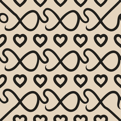 Seamless vector pattern with hearts and swirls on beige background  