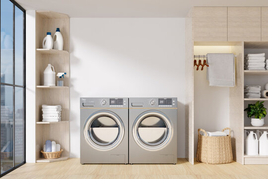 Well-designed laundry room with modern washing machines and optimal organization. 3D render illustration