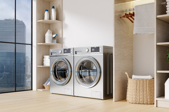 Chic laundry area showcasing modern washing machines and streamlined organization. 3D render illustration