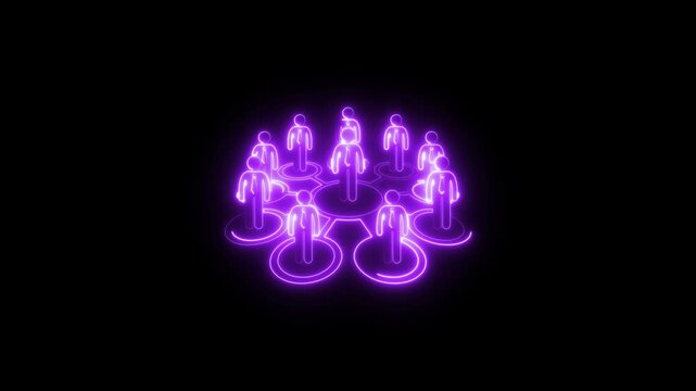 Neon glowing people icons connected on black background collaboration concept