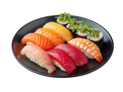 Neatly Arranged Sushi Plate Featuring Maki Rolls and Various Types of Nigiri Garnished with Fresh Microgreens