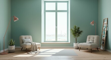 Fototapeta premium Living Room with Armchairs Plant and Large Window
