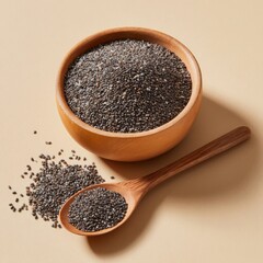 Healthy chia seeds in wooden bowl and spoon