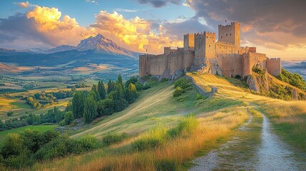 Majestic castle atop a hill, golden hour