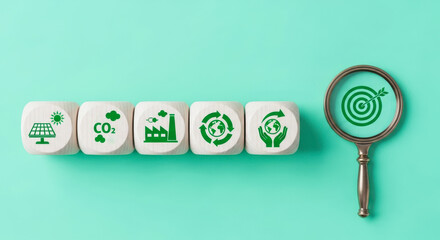 Wooden blocks symbolizing sustainable development goals and environmental targets with magnifying glass