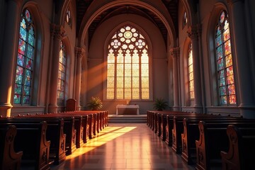 Obraz premium Serene church interior, stained glass shining Tranquil worship space , heaven, hope