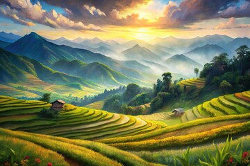 Fototapeta premium Terraced fields and distant mountains are illuminated by a golden sunrise in a hazy landscape