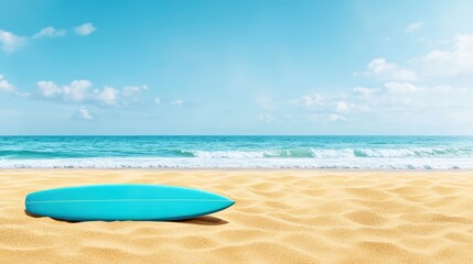 Fototapeta premium Calm beach scene with a colorful surfboard on golden sand under a bright blue sky