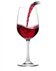 Red wine being poured into a clear wine glass on a white background in a studio shot