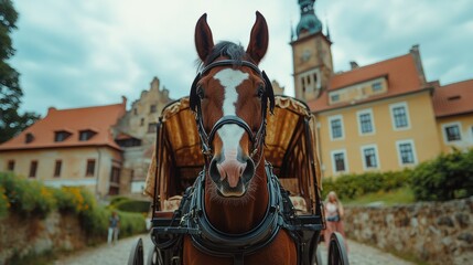 Majestic horse in antique carriage