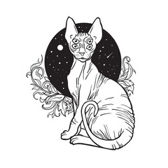 Vector illustration in graphic style hallucinogenic bald cat with space and stars on background